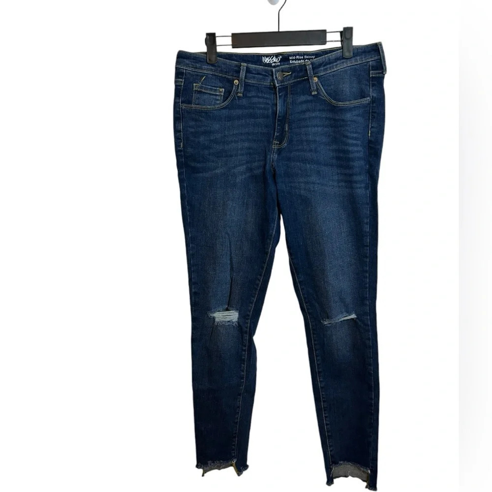 Mossimo Supply Co. Dark Wash Mid Rise Distressed Skinny Jeans